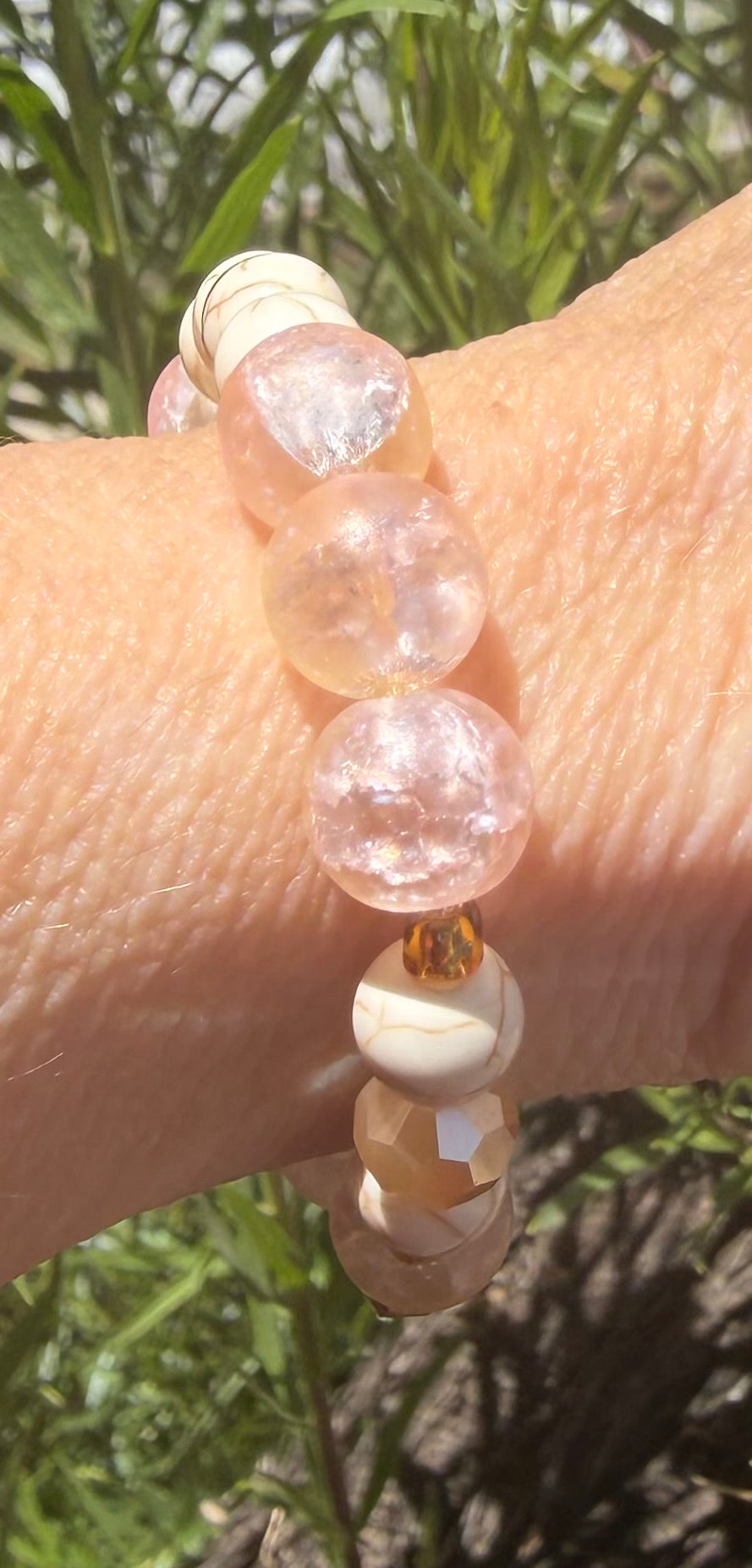 BLUSH & CHAMPAGNE | Pink Cracked Quartz & Champagne Glass Statement Bracelet