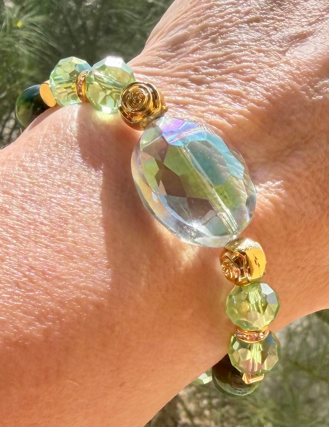 Moo-nique | Green Tiger's Eye & Iridescent Glass Bracelet