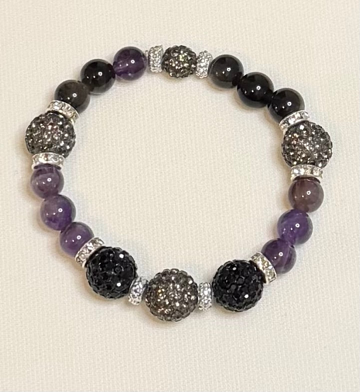 Moo-dy Judy | Chevron Amethyst & Silver Sheen Obsidian Bracelet